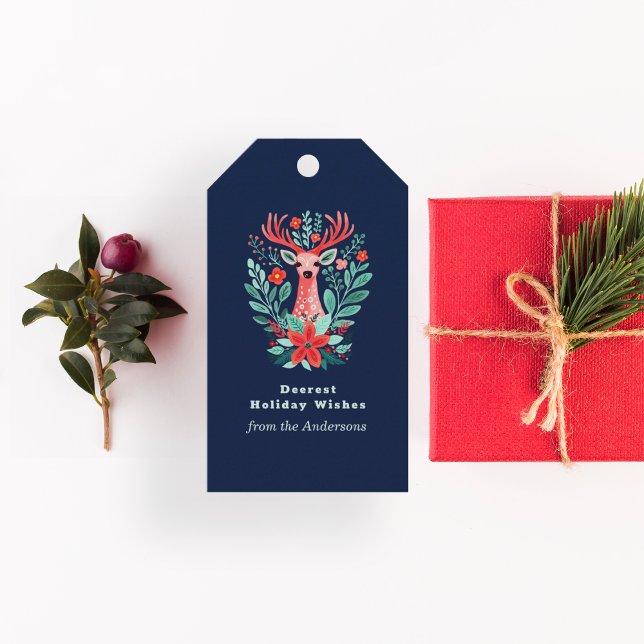 Weihnachtsfeiertag Blaue Rentiere Botanisch Geschenkanhänger (Von Creator hochgeladen)