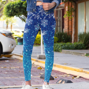Weihnachtsfeiertag Blauer Glitzer Schneeflocken Leggings