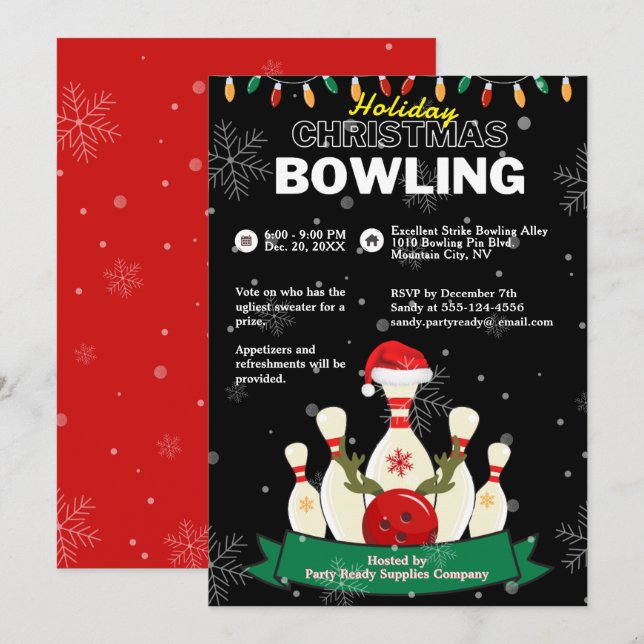 Weihnachtsfeiertag Bowling Schwarzes & Rotes Schne Einladung (Vorne/Hinten)