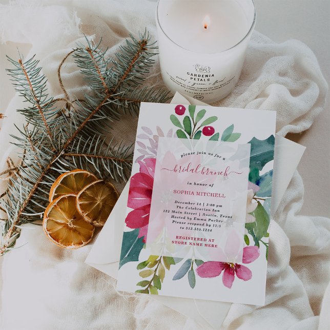 Weihnachtsfeiertag Bridal Brunch | Helle Flora Einladung (A stylish and festive bridal shower brunch invitation for Christmas season weddings)