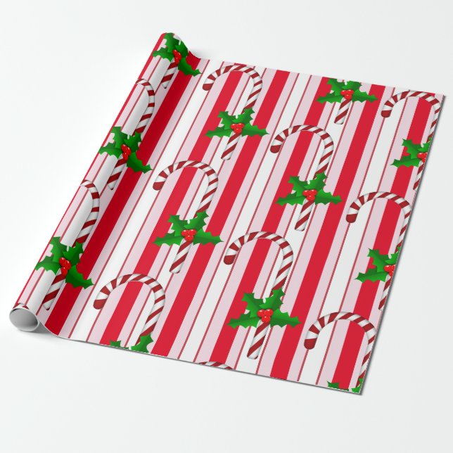 Weihnachtsfeiertag Candy Cane Streifen Holly Muste Geschenkpapier (Ungerollt)