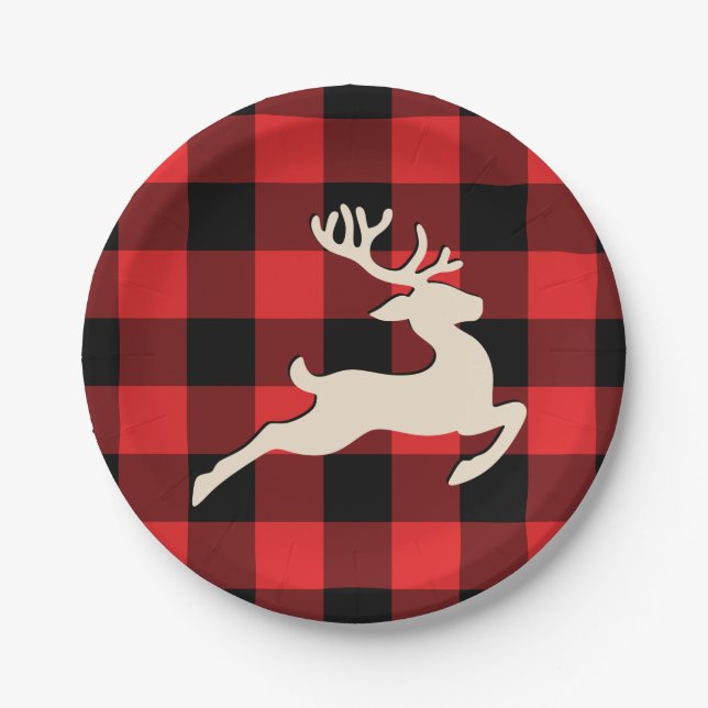 Weihnachtsfeiertag Deer Antlers Red Black Gingham Pappteller (Vorderseite)