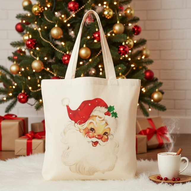 Weihnachtsfeiertag des Weihnachtsmanns 1950 Vintag Tragetasche (1950s Vintage Santa Claus Christmas Holiday Tote Bag)