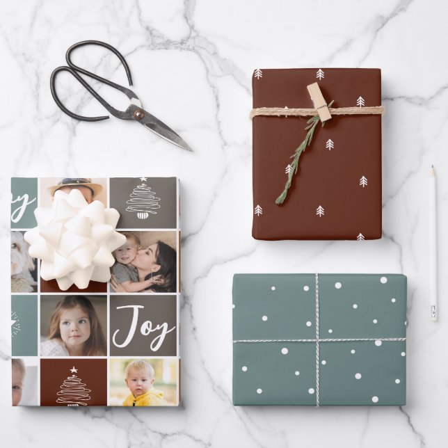 Weihnachtsfeiertag Foto Collage Snow Trees Moderne Geschenkpapier Set (Vorderseite)