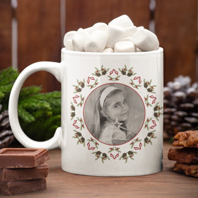 Weihnachtsfeiertag Foto Einfache Grünfläche Kreis Jumbo-Tasse (Elegant Christmas red and green photo mug)