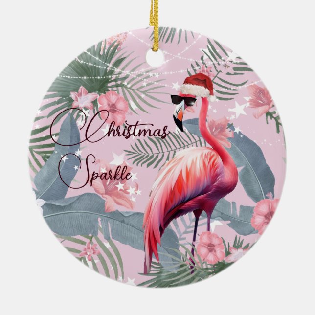 Weihnachtsfeiertag Foto Flamingo Weihnachtsmannmüt Keramik Ornament (Hinten)