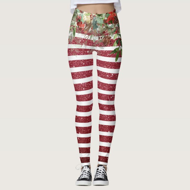 Weihnachtsfeiertag Glitzer Pine Poinsettia Rot Leggings (Vorderseite)
