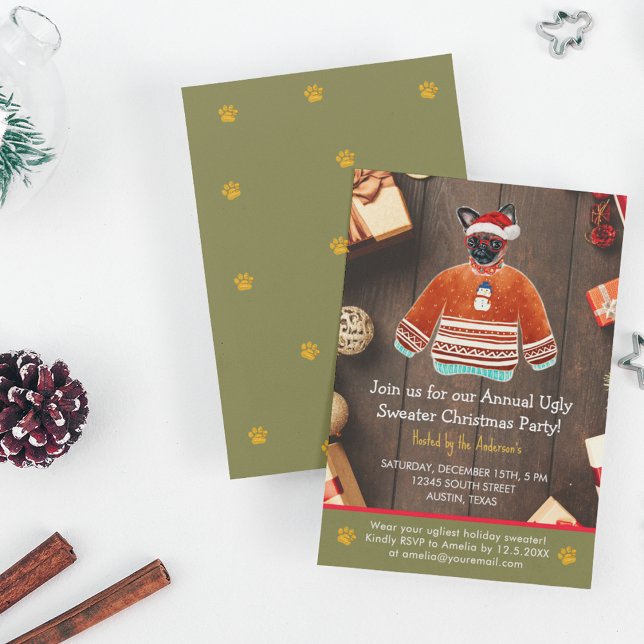 Weihnachtsfeiertag Griffon Dog Ugly Sweater Party Einladung (Front and Back)
