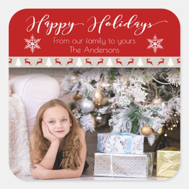 Weihnachtsfeiertag - Happy Holidays Foto Red Deer Quadratischer Aufkleber (Vorderseite)