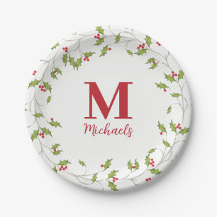 Weihnachtsfeiertag Holly Berries Monogram Pappteller