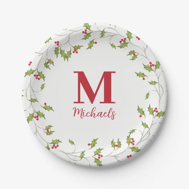 Weihnachtsfeiertag Holly Berries Monogram Pappteller (Vorderseite)