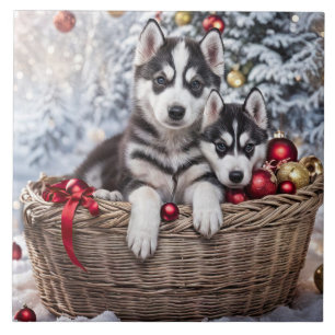 Weihnachtsfeiertag Husky Welpe Hunde Kunst Fliese
