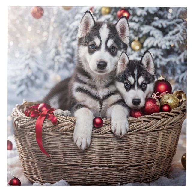 Weihnachtsfeiertag Husky Welpe Hunde Kunst Fliese (Vorderseite)