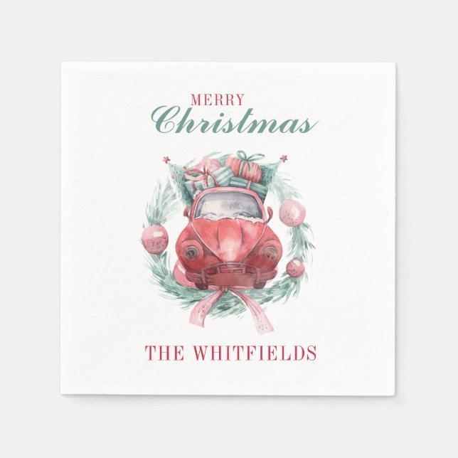 Weihnachtsfeiertag im Roten Auto - Feiertag Serviette (Vorderseite)