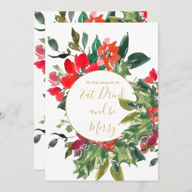 Weihnachtsfeiertag Jahreszeit Holly Wreath Gold Einladung (Vorne/Hinten)