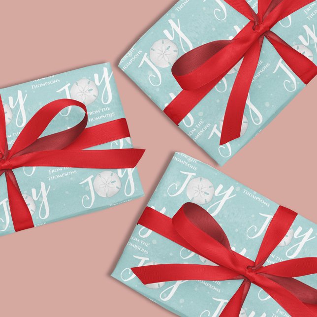 Weihnachtsfeiertag Joy Beach Türkisküste Geschenkpapier Set (Christmas Joy typography turquoise wrapping paper with sand dollars.)