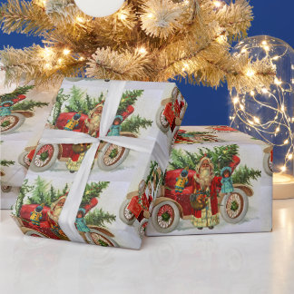 Weihnachtsfeiertag mit Spielzeug und Rotem Auto Geschenkpapier