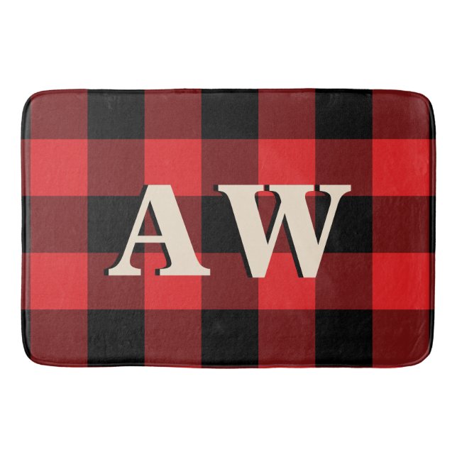 Weihnachtsfeiertag Monogram Red Black Gingham Badematte (Vorderseite)