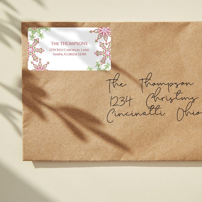 Weihnachtsfeiertag Niedliche Winterschneeflocke Adressaufkleber (Christmas colorful whimsical red and green snowflakes return address label. )
