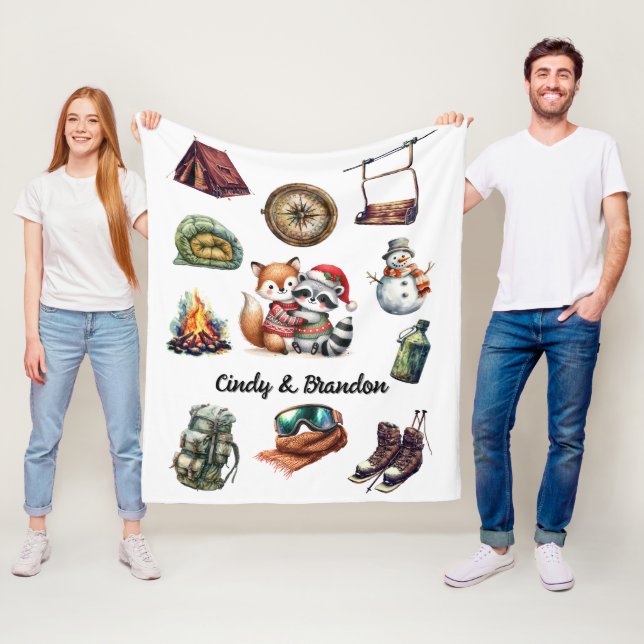 Weihnachtsfeiertag Paar Outdoorfox Raccoon Weiß Fleecedecke (Beispiel)