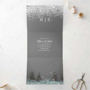 Weihnachtsfeiertag Pine Trees Snow Scene Wedding Dreifach Gefaltete Einladung