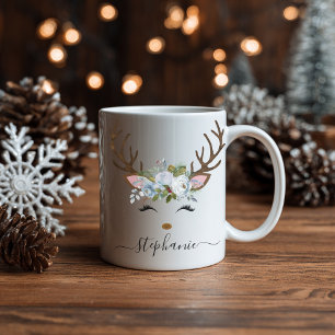 Weihnachtsfeiertag Reindeer Floral Personalisiert Kaffeetasse