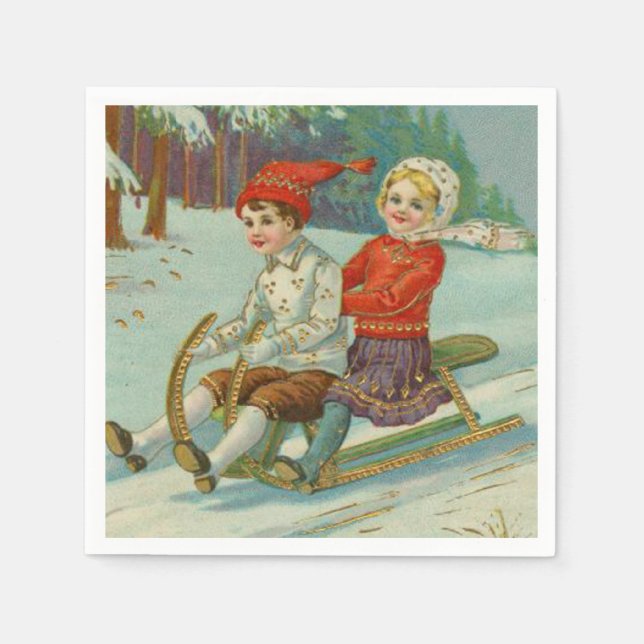 Weihnachtsfeiertag Rodelbahn mit Kindern Serviette (Vorderseite)