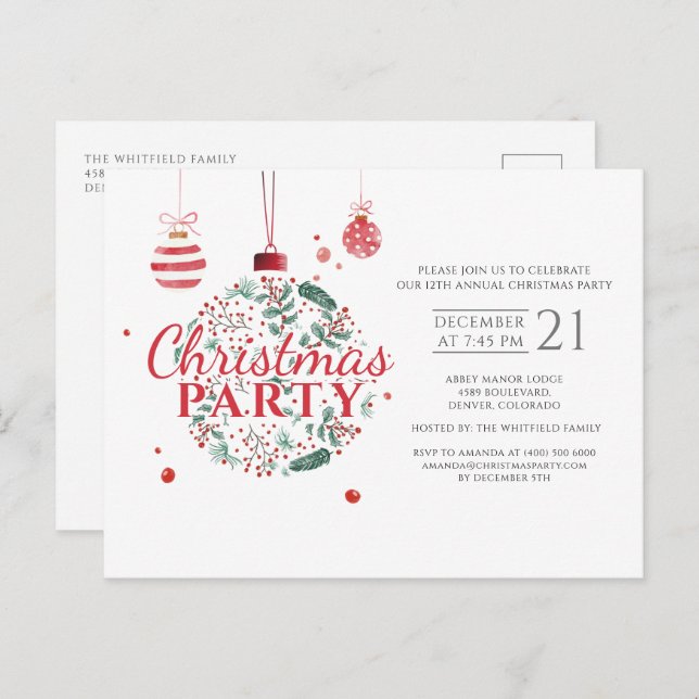 Weihnachtsfeiertag Rot und Grün Party Einladungspostkarte (Vorne/Hinten)