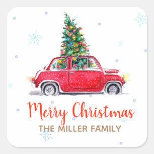 Weihnachtsfeiertag Rotes Auto Quadratischer Aufkleber