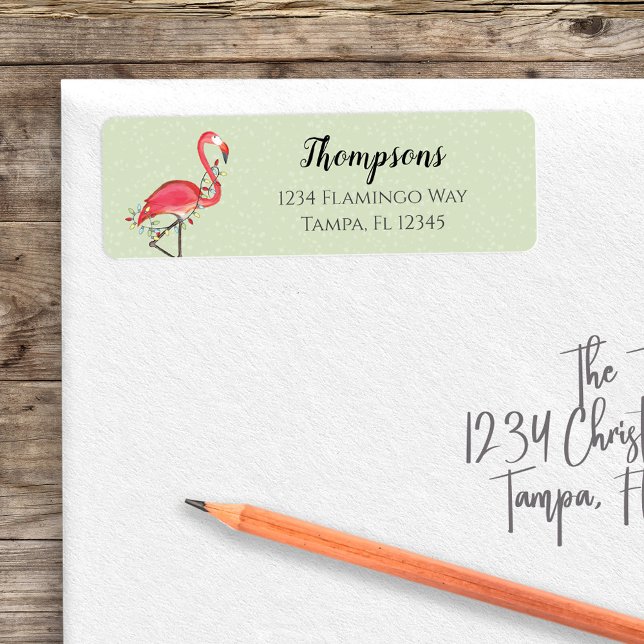 Weihnachtsfeiertag Rücksendeadresse Rosa Famingos (Christmas whimsical colorful lights with pink flamingo return address label. )