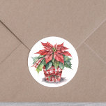Weihnachtsfeiertag Runder Aufkleber<br><div class="desc">Hübscher Topf von roten Weihnachtspoinsettia Weihnachtsaufklebern mit einem rot-weiß kariert karierten karton Band Hintergrund.</div>
