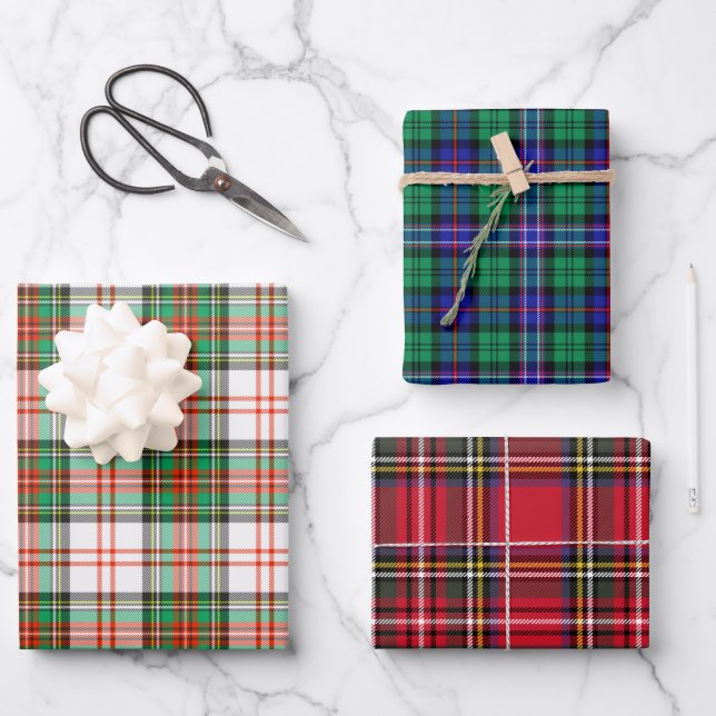 Weihnachtsfeiertag Schottischer Tartan Kariert Ass Geschenkpapier Set (Vorderseite)