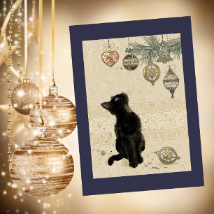 Weihnachtsfeiertag Schwarze Katze Blick auf Orname Feiertagskarte