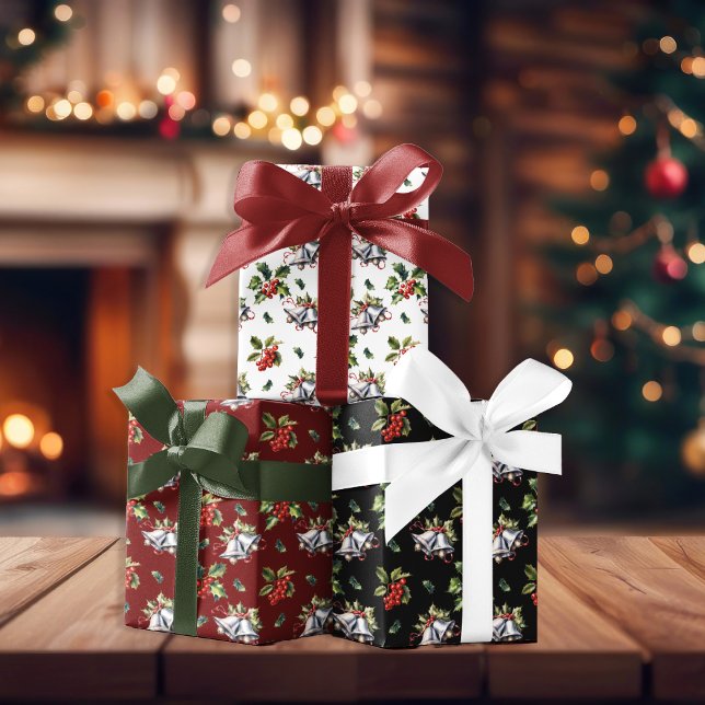 Weihnachtsfeiertag Silberglocken und Holly Geschenkpapier Set (Vintage Christmas Holiday Silver Bells, Holly and Berries Wrapping Paper Sheets)