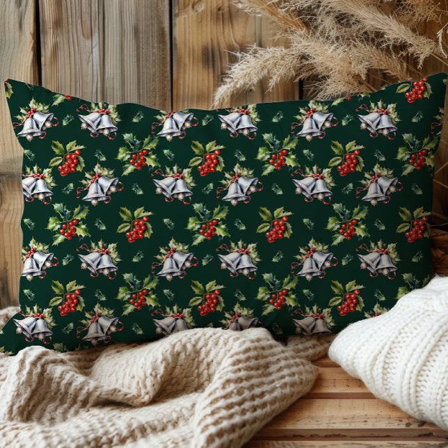Weihnachtsfeiertag Silberglocken und Holly Kissenbezug (Vintage Christmas Holiday Silver Bells, Holly and Berries Dark Green Pillow Case)