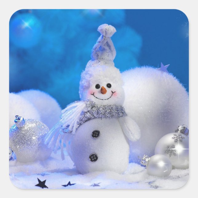 Weihnachtsfeiertag Snowman Blue White Theme Quadratischer Aufkleber (Vorderseite)