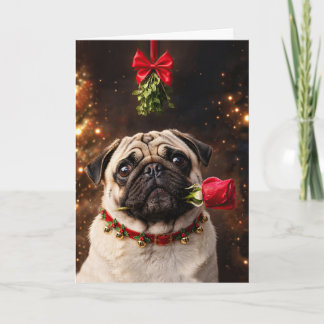 Weihnachtsfeiertag Süße Mops unter der Mistel Karte