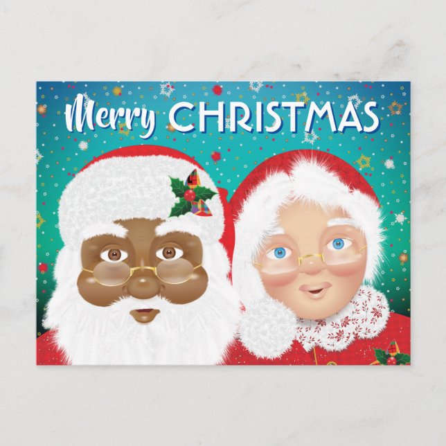 Weihnachtsfeiertag und Frau Claus Biracial Postkarte (Vorderseite)