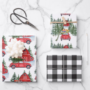 Weihnachtsfeiertag Vintag Red Car Barn Tree Black Geschenkpapier Set