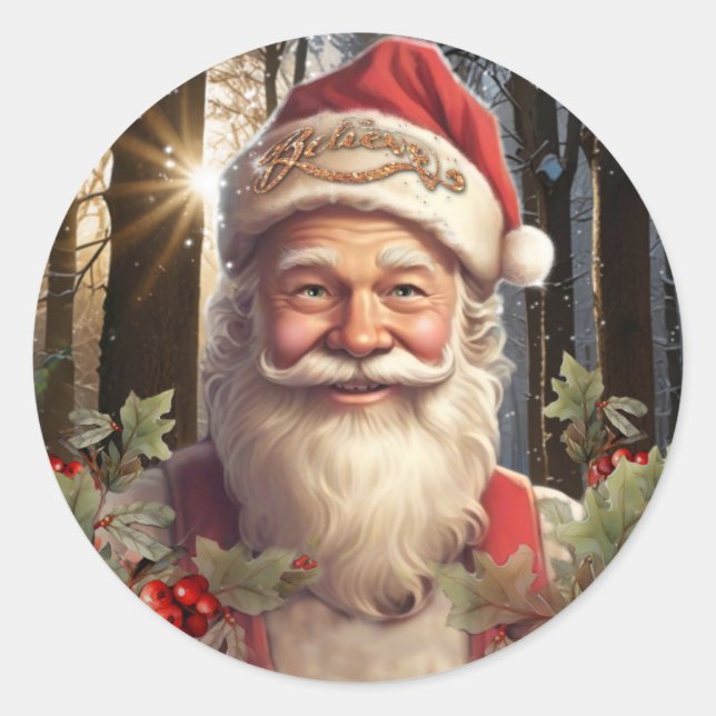 Weihnachtsfeiertag Weihnachtsmann Schneewald Runder Aufkleber (Vorderseite)