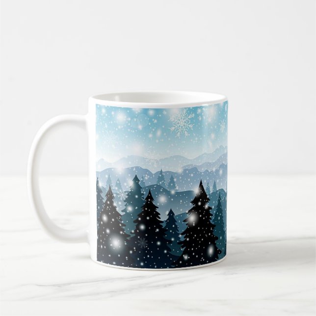 Weihnachtsfeiertag Winterschnee Pinienbäume Kaffeetasse (Links)