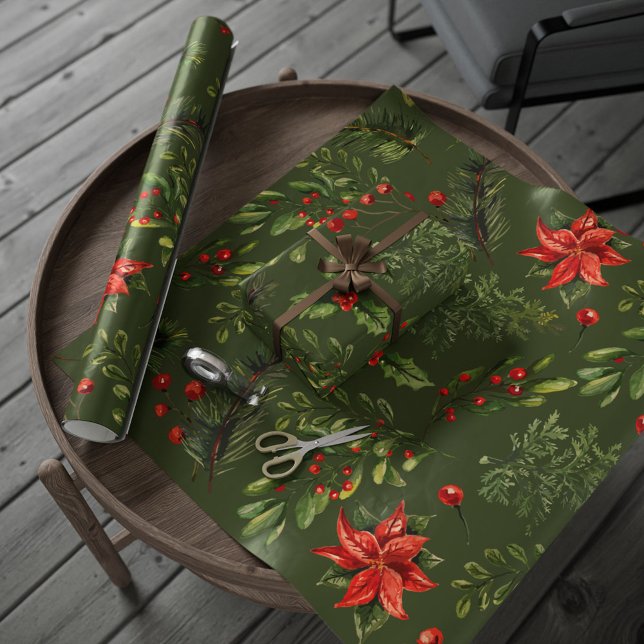 Weihnachtsfeiertage Berries Grüne Botanische Schri Geschenkpapier (Botanical Holly Red Berries Christmas Wrapping Paper)