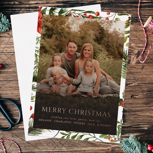 Weihnachtsfeiertage Foto Gruß Gold Folien Feiertagskarte (Family Photo Red Berries Christmas Greetings Card)