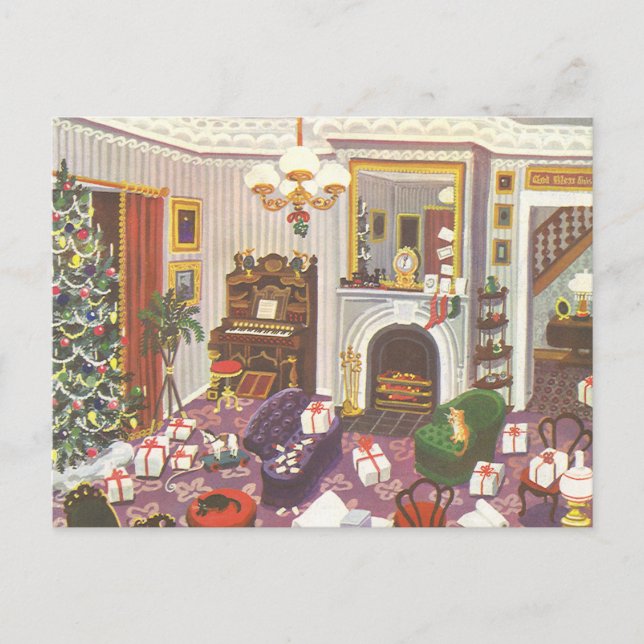 Weihnachtsfeiertage im Wohnzimmer Feiertagspostkarte (Vorderseite)