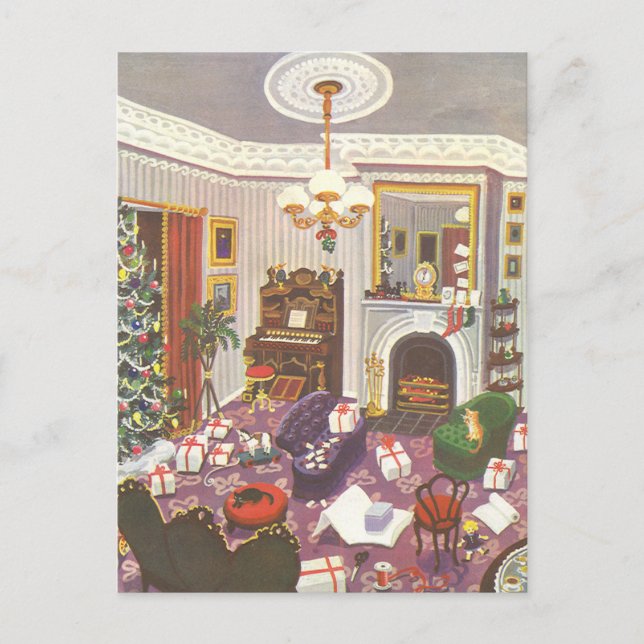 Weihnachtsfeiertage im Wohnzimmer Feiertagspostkarte (Vorderseite)