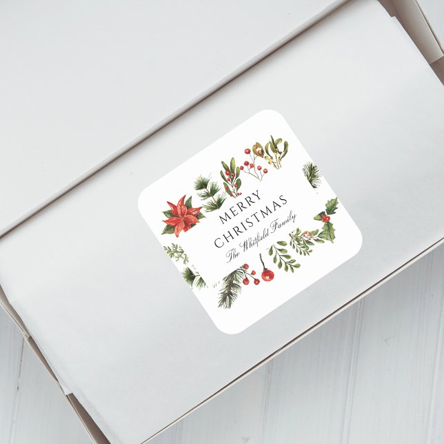 Weihnachtsfeiertage in Aquarell Quadratischer Aufkleber (Christmas Red Berries Botanical Greenery Script Envelope Seal Sticker)