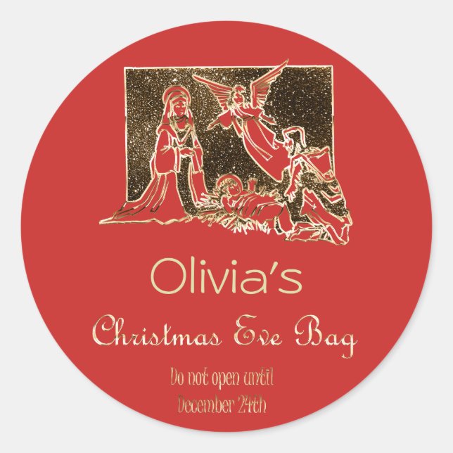 Weihnachtsfeiertage Krippe Rote Imitate Goldtext Runder Aufkleber (Vorderseite)