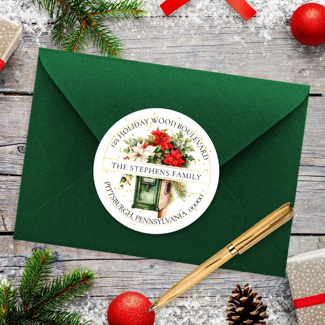 Weihnachtsfeiertage Mailbox Blumenladen Rücksendea Runder Aufkleber (Elegant Christmas Holiday Mailbox Poinsettia Floral Return Address Envelope Seal)