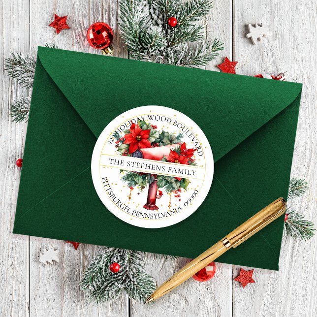 Weihnachtsfeiertage Mailbox Blumenladen Rücksendea Runder Aufkleber (Elegant Christmas Holiday Mailbox Poinsettia Floral Return Address Envelope Seal)