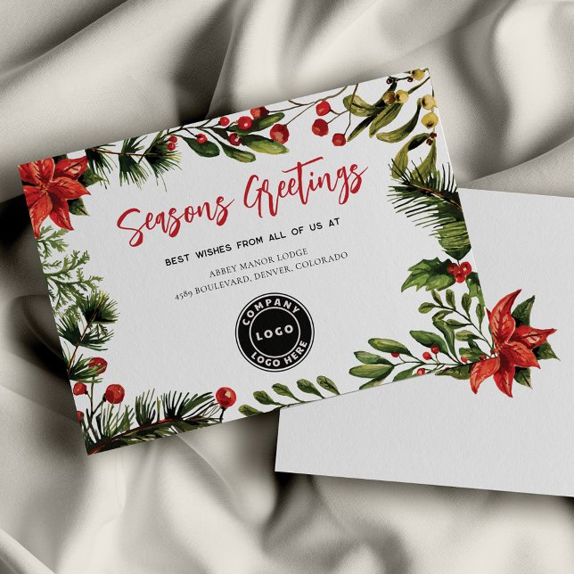 Weihnachtsfeiertage mit Firmenlogo Feiertagskarte (Red Berries Business Logo Poinsettia Christmas Script Corporate Holiday Card)